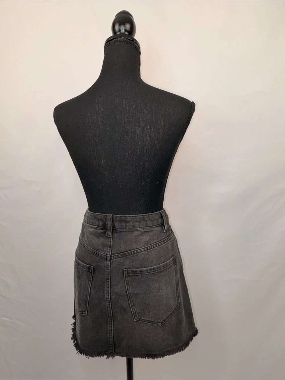 100% cotton Black Washed Denim Mini Skirt with Front O-Ring Zip